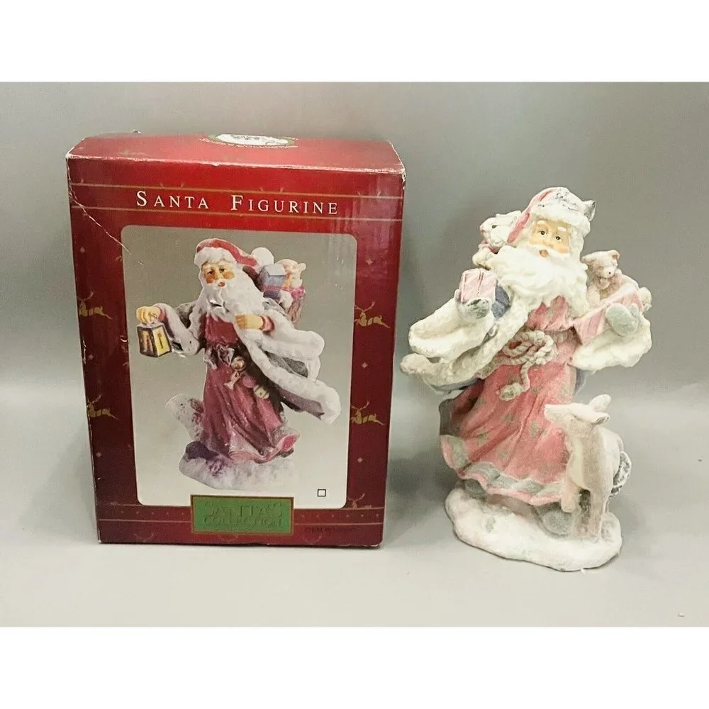 Vintage Flocked Woodland Santa Figurine 8” Toy Bag Frosted Three Hands Corp